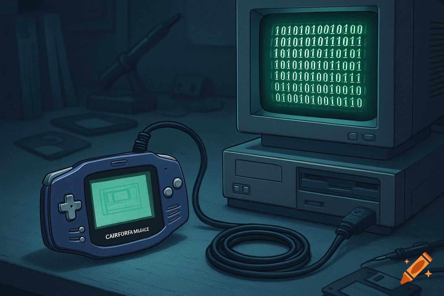 An illustrative image of a Game Boy Advance connected by a cable to an old desktop computer, with green binary code displayed on the monitor and a green abstract pattern on the GBA screen.