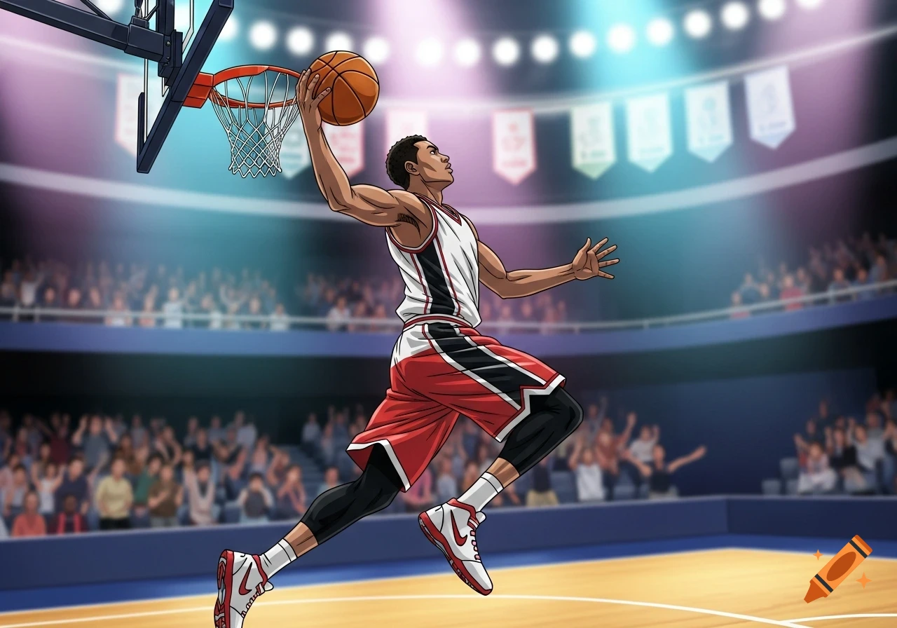 Cartoon illustration of a basketball player in a red and white uniform mid-air, about to dunk a basketball into a hoop in an arena with spectators.