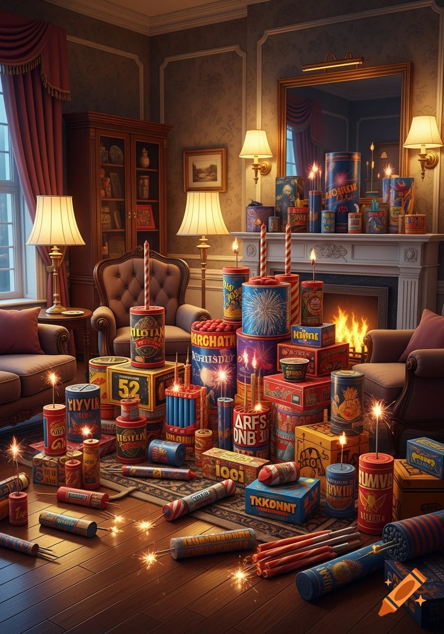A luxurious living room is filled with a vast collection of colorful fireworks and firecrackers, some actively sparking.