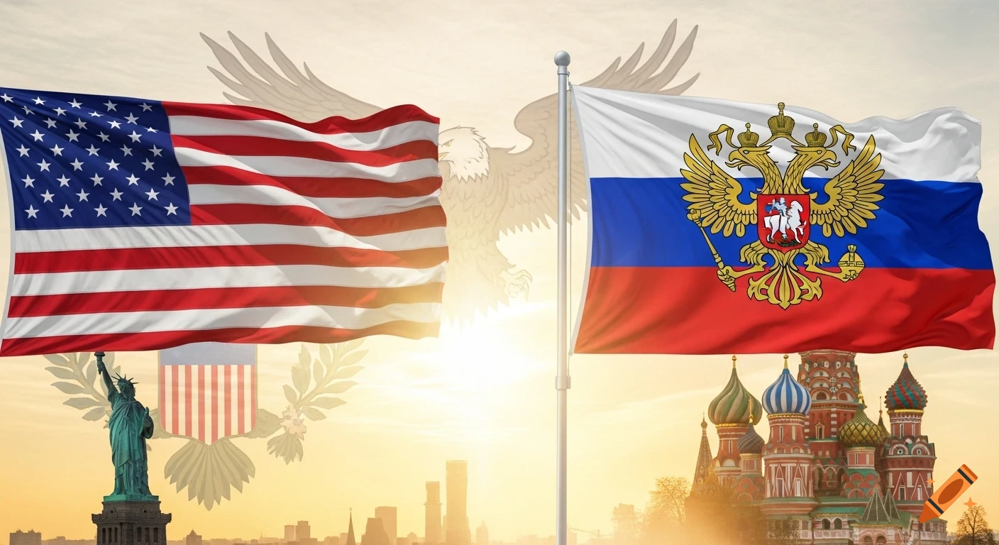 US and Russian flags waving with the Statue of Liberty and St. Basil's Cathedral in the background under a golden sunset, photorealistic style.