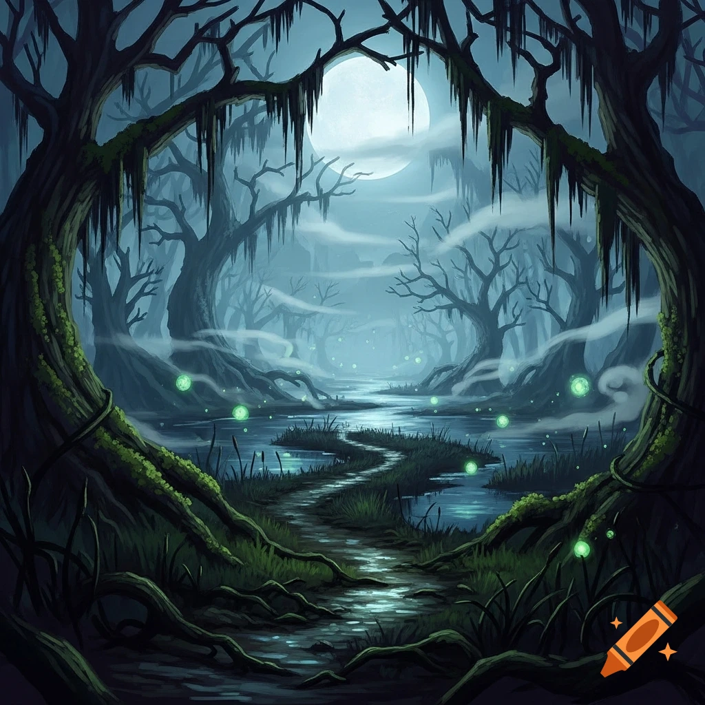 A dark fantasy swamp landscape at night, with a full moon, eerie trees draped in moss, glowing green lights, and a winding path through a river.