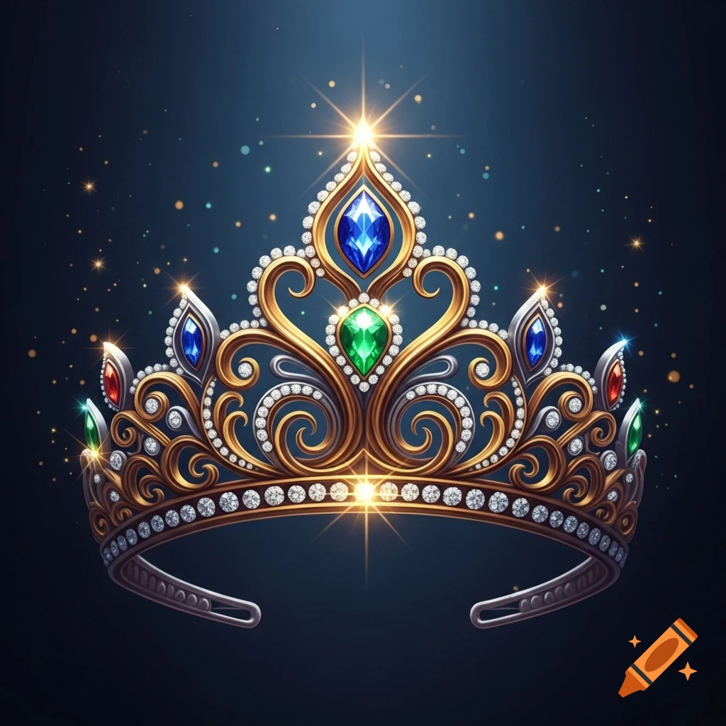 Stylized golden crown adorned with sparkling colorful gems and diamonds on a dark, shimmering background.