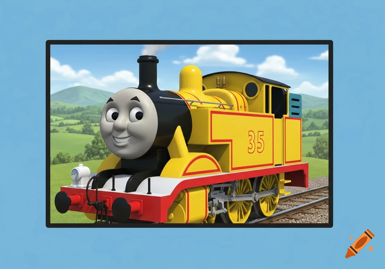 A yellow cartoon train with a smiling face and the number 35 on its side, in a green countryside landscape.