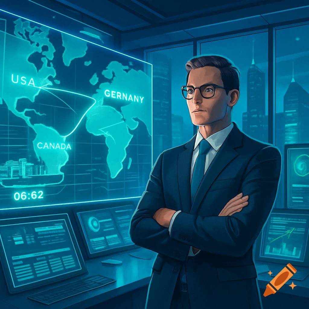 A man in a suit and glasses stands with crossed arms in a control room, with a large blue holographic world map showing USA, Canada, and Germany, and multiple computer screens displaying data.