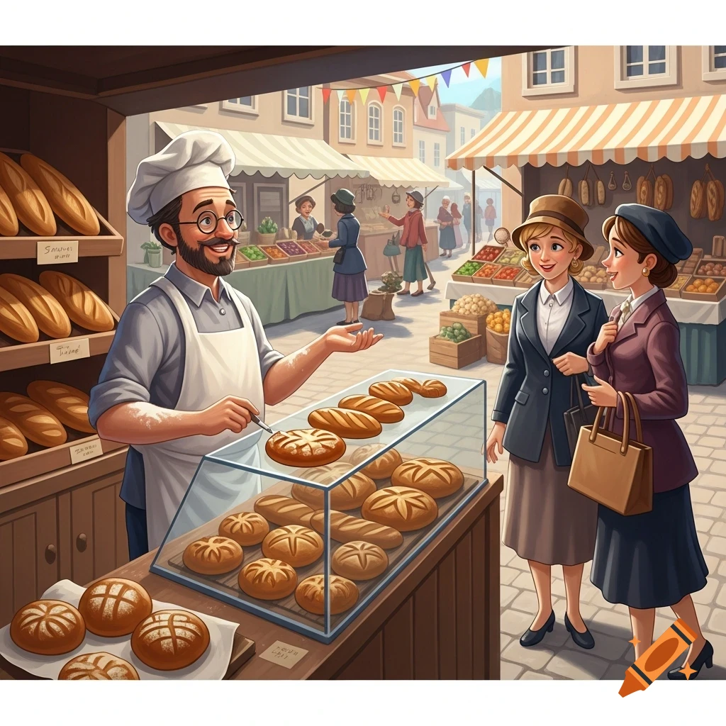 A smiling baker sells bread from a stall to two women at a vibrant outdoor market, depicted in a playful, semi-realistic illustration.