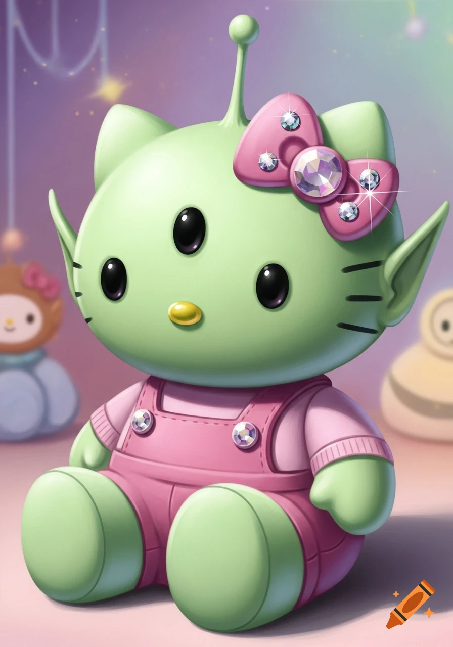 A green alien Hello Kitty stuffed animal with three black eyes, an antenna, and pointed ears, wearing pink overalls and a pink bow with crystals.