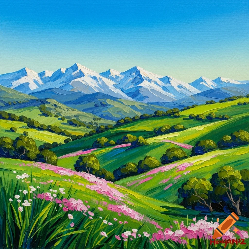 Impressionistic oil painting of a vibrant green mountain landscape with snow-capped peaks and blooming pink and white flowers.