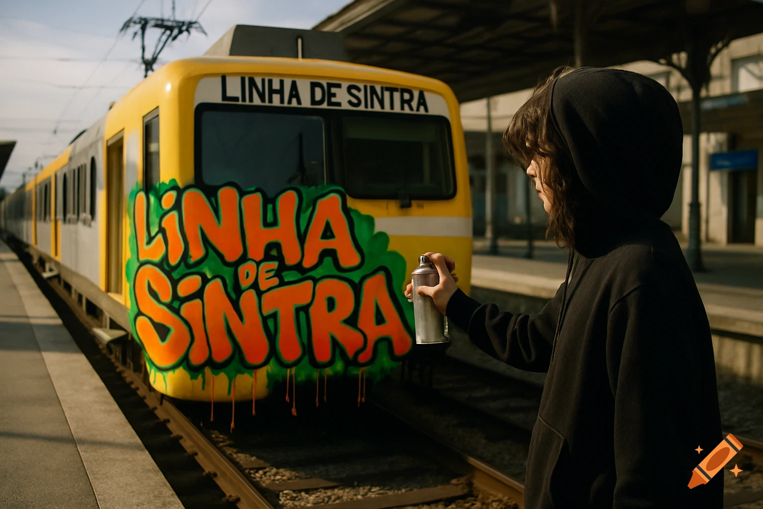 A person in a black hoodie spray-painting "LINHA DE SINTRA" graffiti on a yellow train at a station, photorealistic.