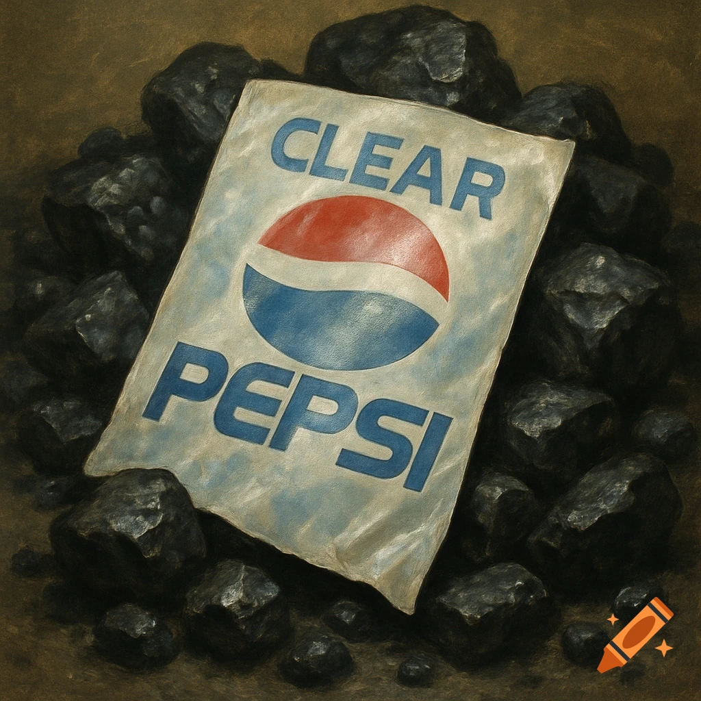 A 'Clear Pepsi' label with the iconic red and blue logo rests on a pile of dark black coal, rendered in a realistic painting style.