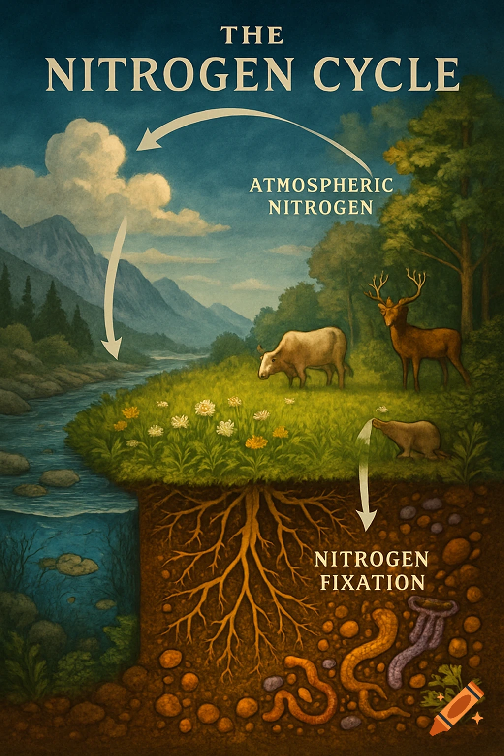 Detailed illustration of the nitrogen cycle showing atmospheric nitrogen, nitrogen fixation, animals, plants, and soil organisms.