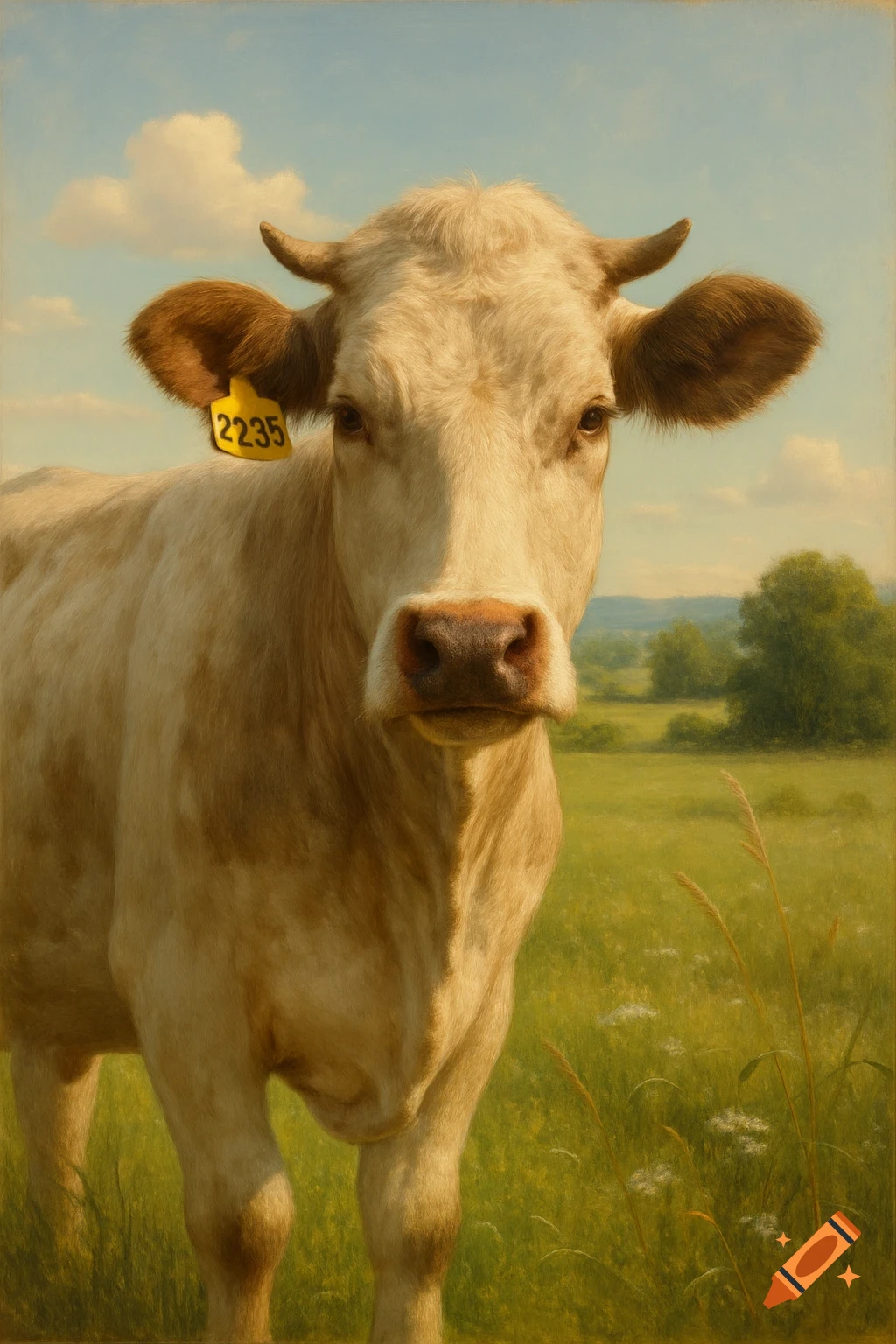 Photorealistic painting of a light-colored cow with ear tag '2235' looking directly at the viewer in a green field under a blue sky.