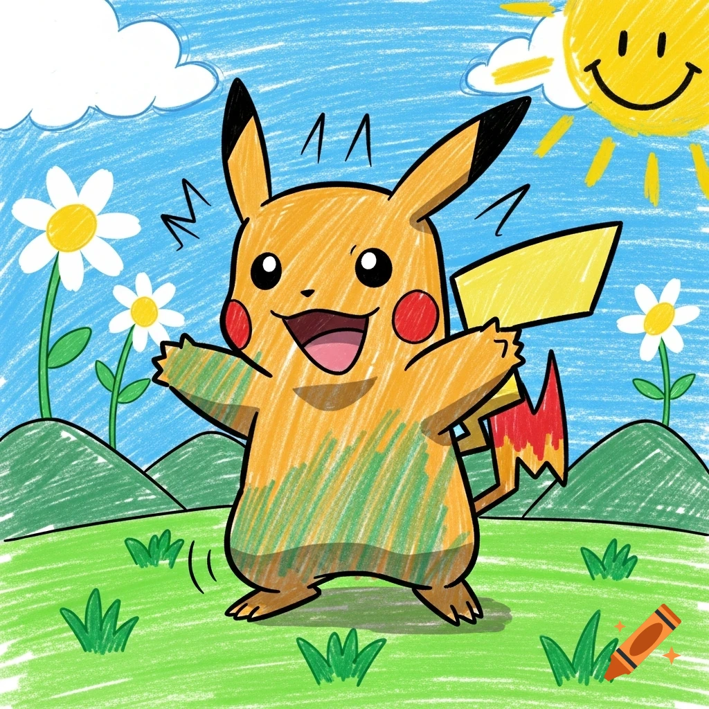 Crayon drawing of a happy Pikachu in a green field with white flowers and a smiling sun in the blue sky.