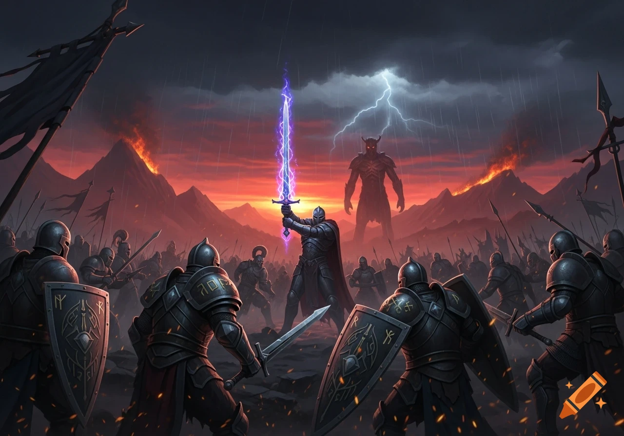 A knight holding a glowing purple sword confronts a giant demon on a stormy, fiery battlefield surrounded by an army.
