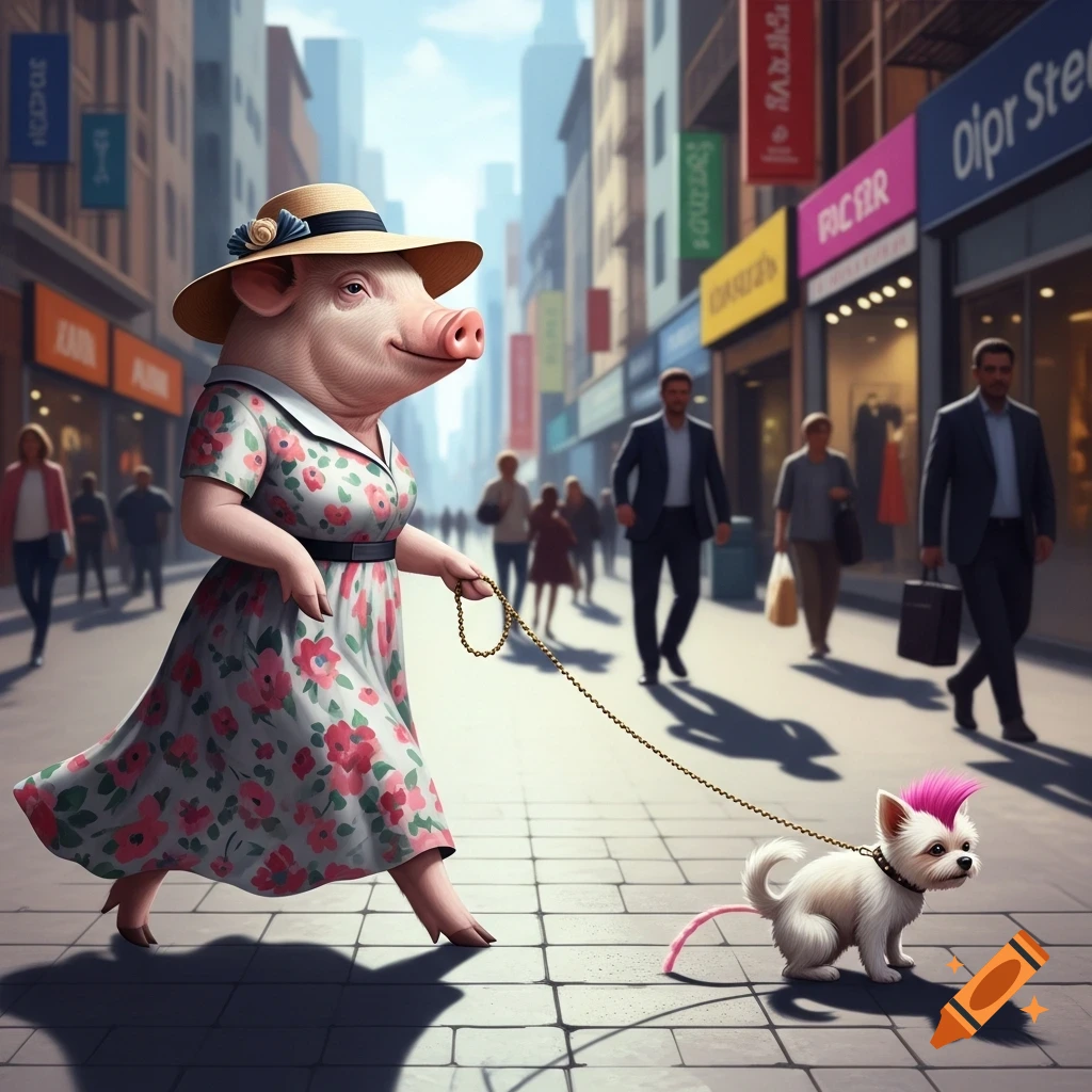 A smiling anthropomorphic pig in a floral dress and hat walks a small white dog with a pink mohawk on a city sidewalk.