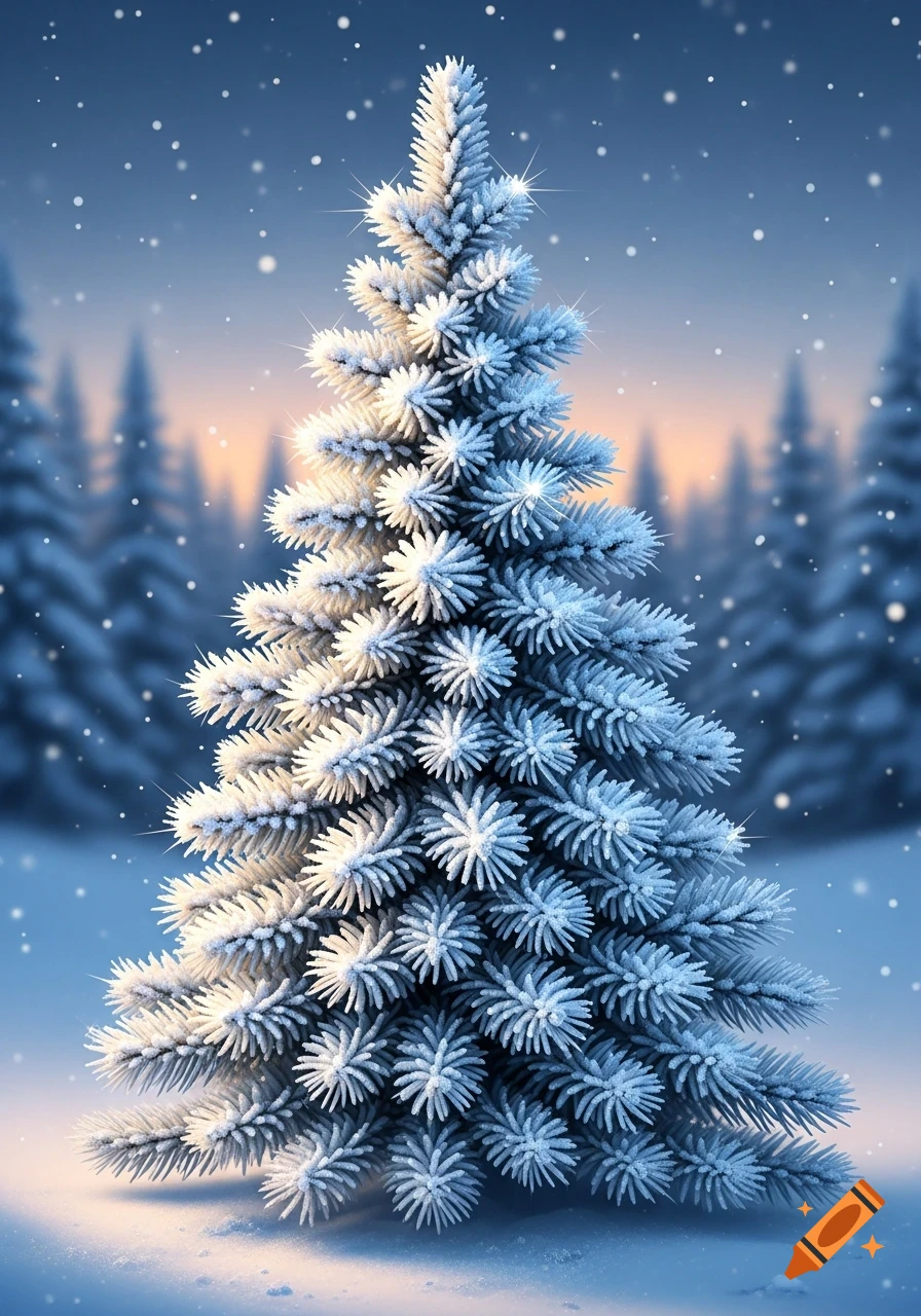 A snow-covered Christmas tree stands in a winter forest at dawn, with falling snow and a warm glow on the horizon.