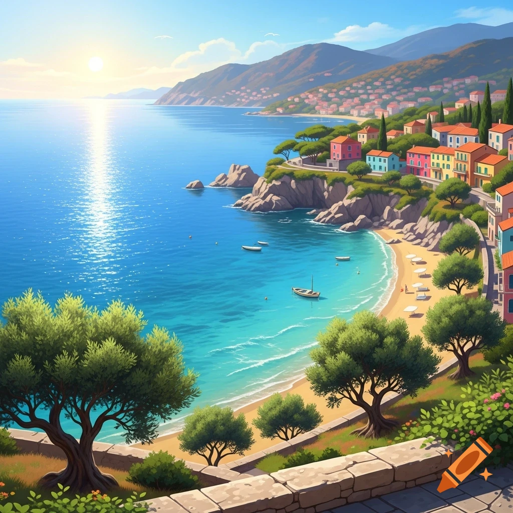 Vibrant illustration of a sunny Mediterranean coastal town with colorful buildings, a sandy beach, and clear blue water.