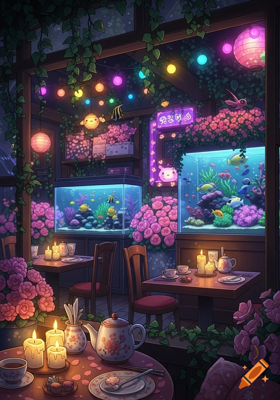 A cozy anime-style cafe at night, decorated with string lights, pink flowers, and fish-filled aquariums, with tables set for tea.