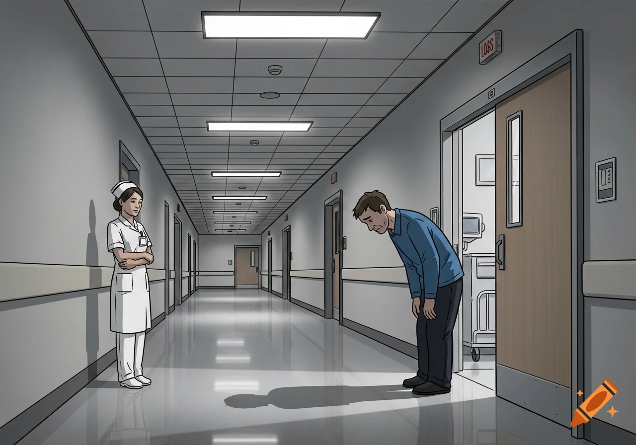 A cartoon nurse stands in a hospital corridor while a man bows his head near a door with a 'LOSS' sign.