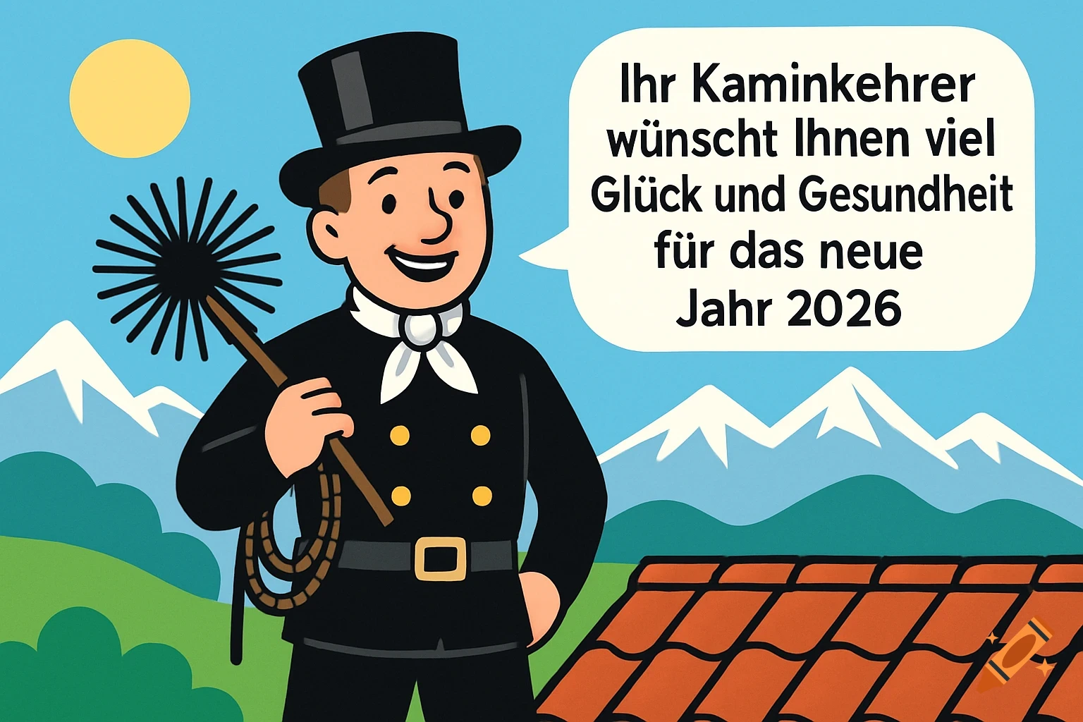 Cheerful cartoon chimney sweep in top hat, holding a brush, stands over a roof with mountains and a sun. A speech bubble contains a New Year greeting.