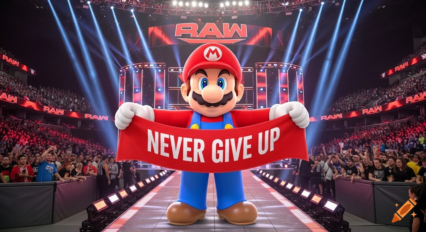 Super Mario stands in a WWE RAW arena, holding a red banner that reads 'NEVER GIVE UP' in front of a cheering crowd with dramatic spotlights.