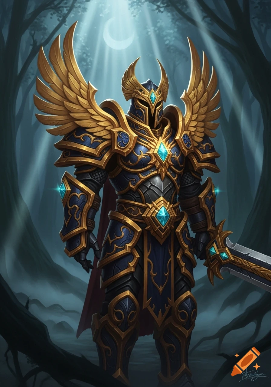 A knight in ornate blue and gold winged armor with glowing blue gems stands in a moonlit forest, holding a sword.