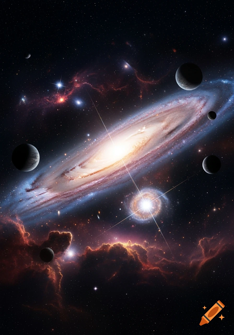 A vibrant spiral galaxy with a bright core, surrounded by dark planets, stars, and colorful nebulae in deep space.