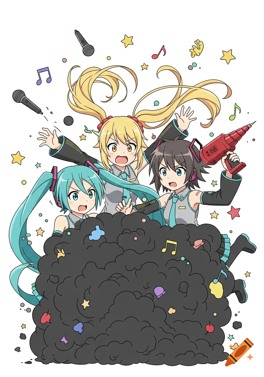 Three anime girls, including Hatsune Miku and Akita Neru, burst out of a cartoonish black smoke cloud surrounded by musical notes and stars.