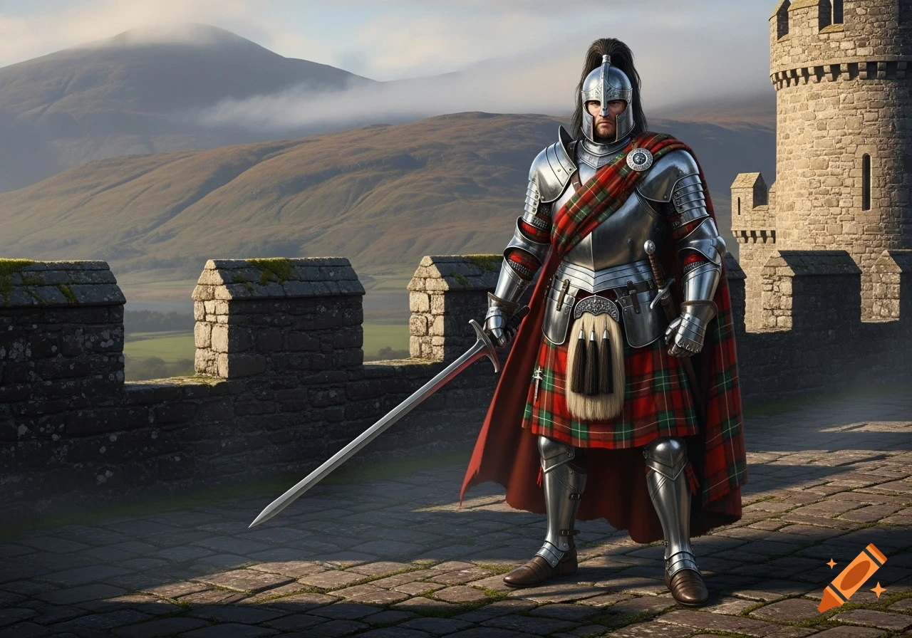 A Scottish knight in silver armor and a red tartan kilt stands on castle battlements, holding a sword, with misty mountains.