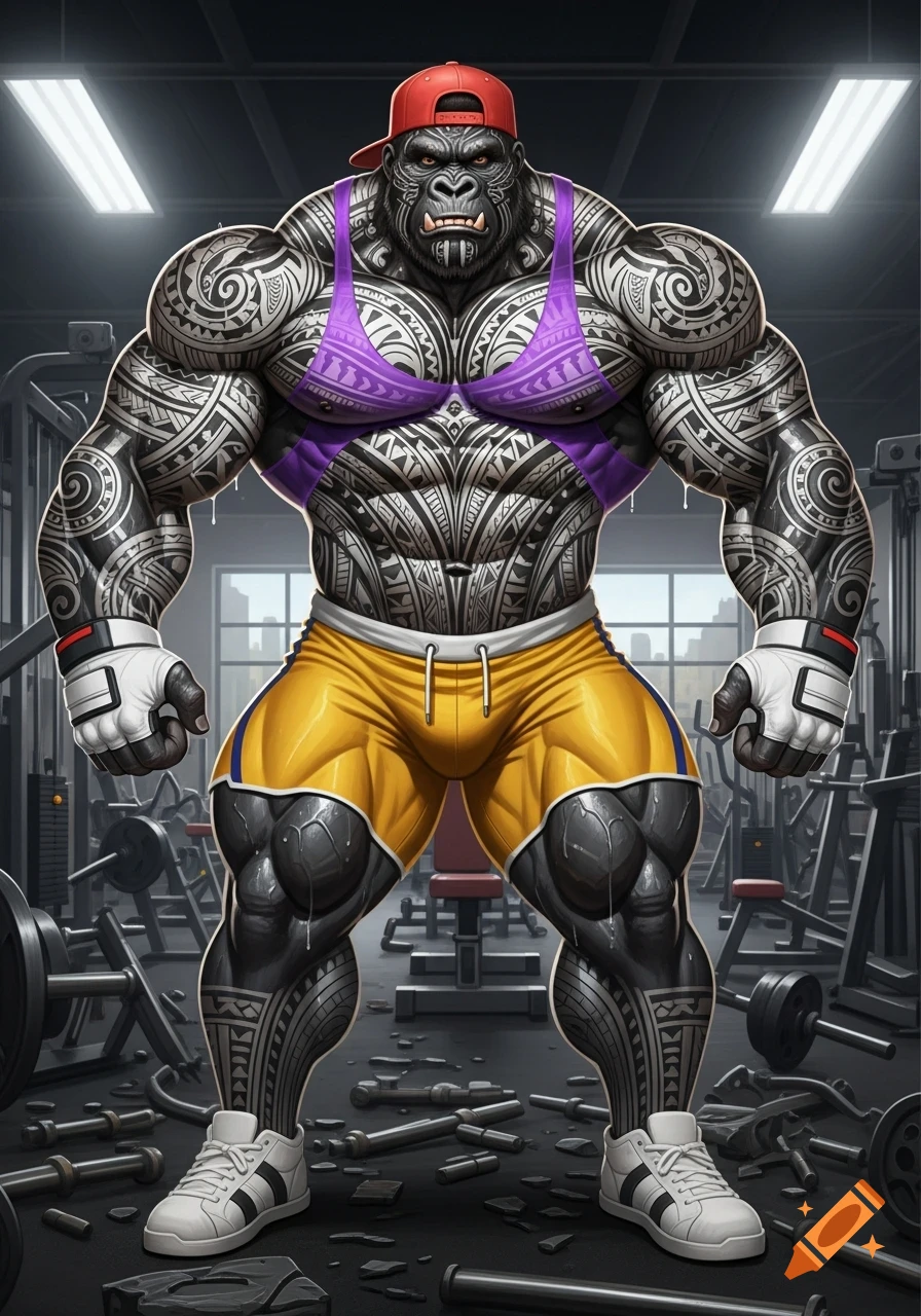 Massive, tattooed anthropomorphic gorilla in a red cap, purple tank top, and yellow shorts, standing in a broken gym.