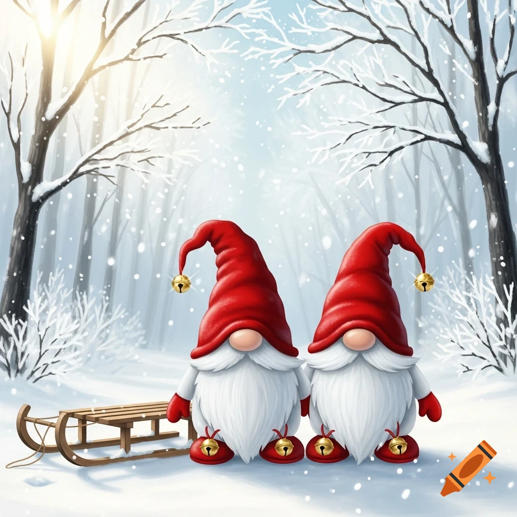 Two gnomes with red hats and bells stand in a snowy forest beside a sled. Winter illustration with bright sunlight.