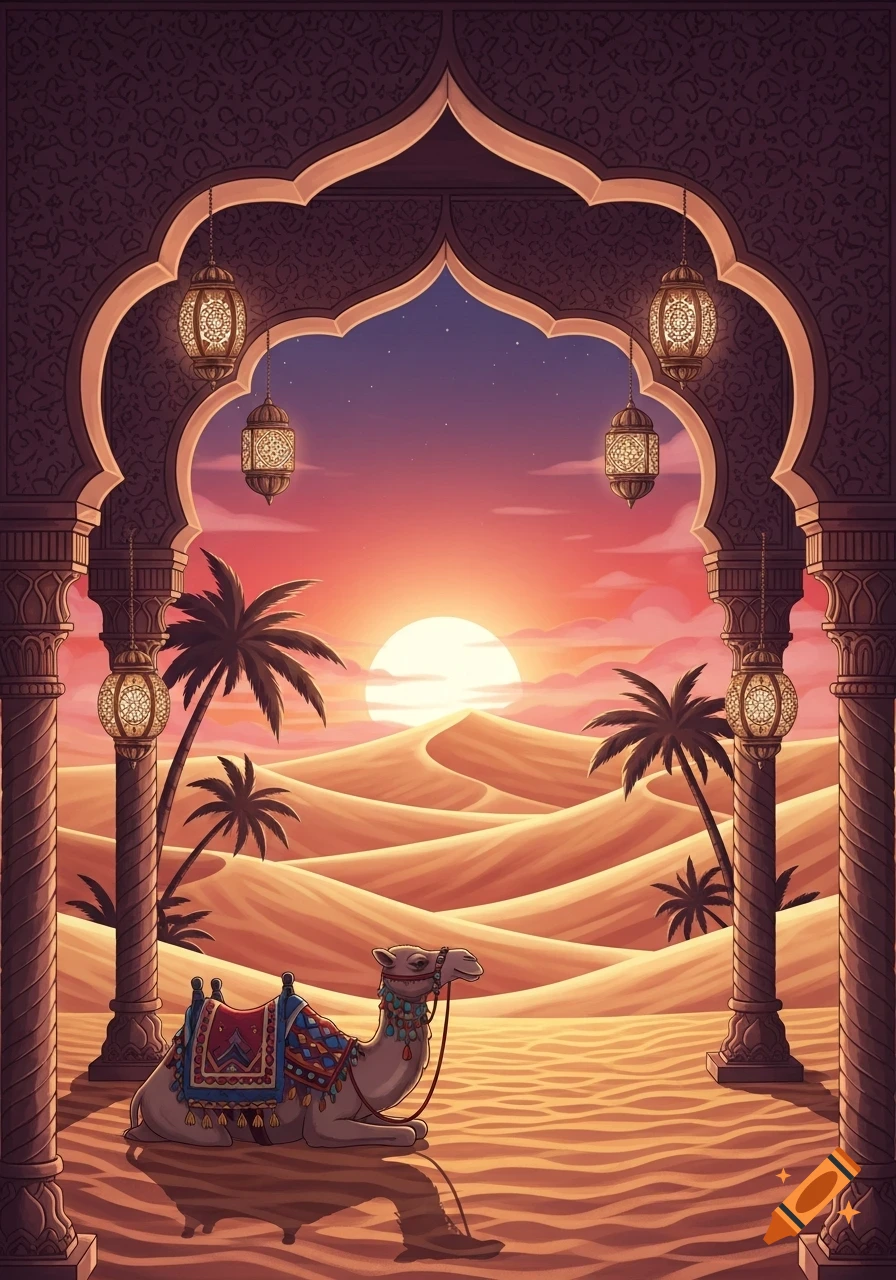 A stylized camel rests under an ornate archway, silhouetted against a vibrant desert sunset with sand dunes and palm trees.