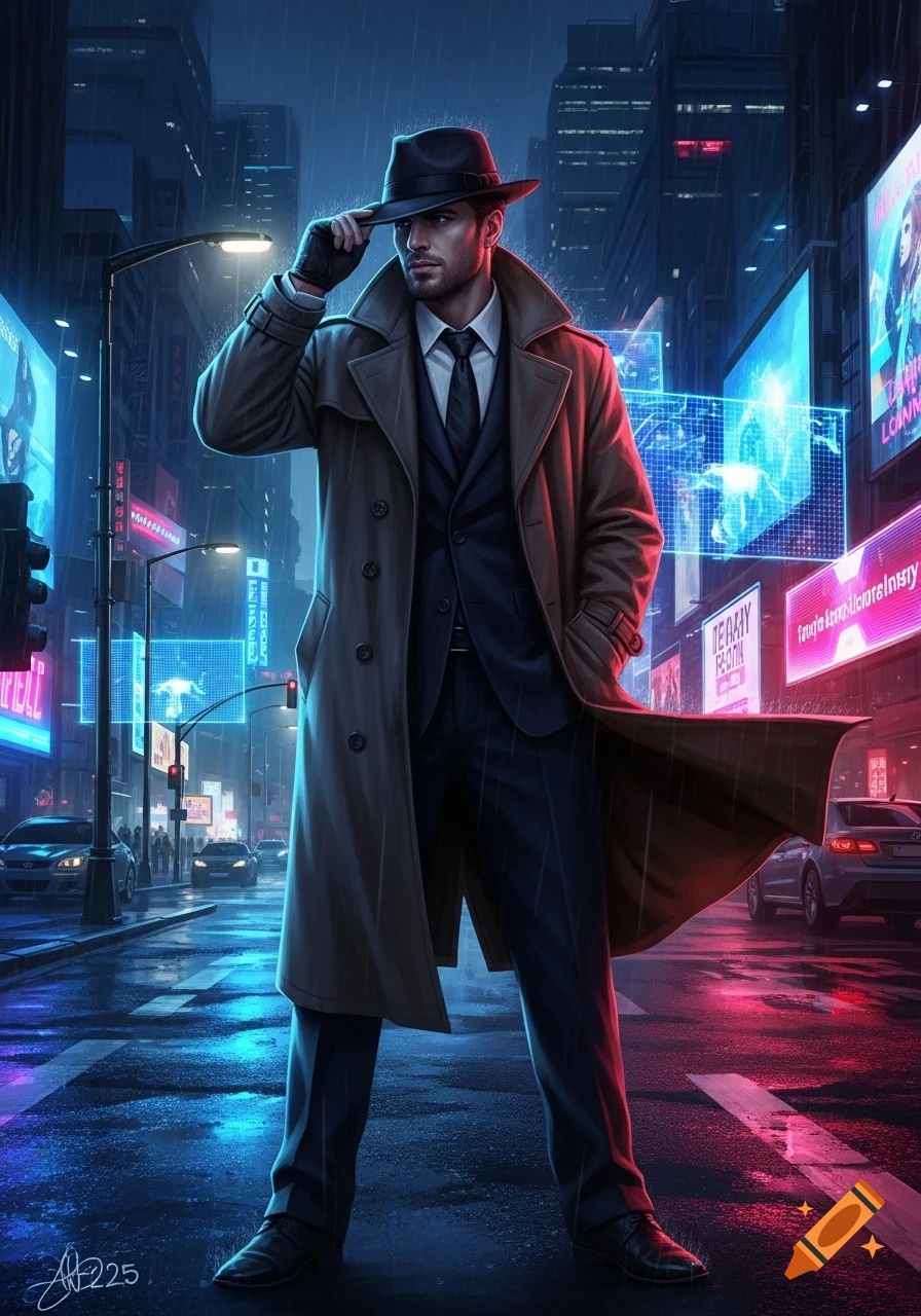 A man in a trench coat and fedora stands in a rainy, neon-lit cyberpunk city street at night.