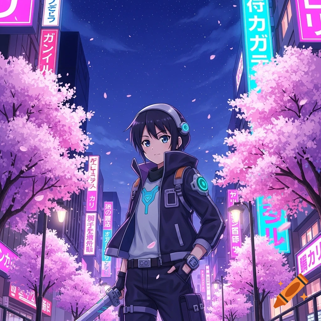 An anime character with headphones stands on a neon-lit city street at night, surrounded by pink cherry blossom trees.