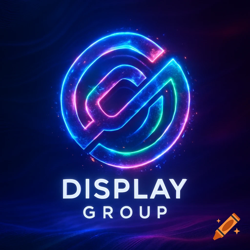 A neon glowing abstract logo in blue, pink, and green, with "DISPLAY GROUP" text below it on a dark, textured background.