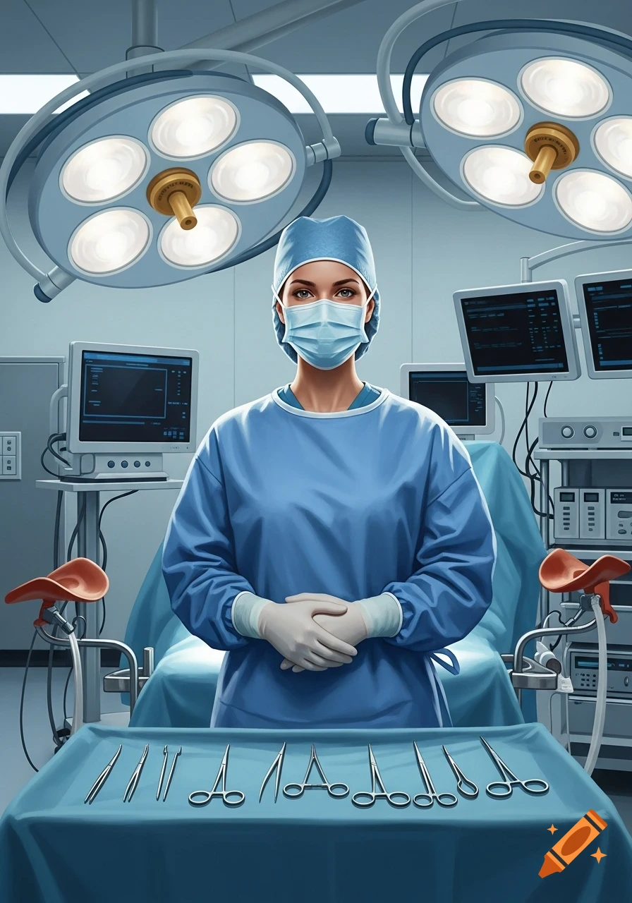 A female surgeon in blue scrubs, mask, and cap stands in an operating room with surgical instruments on a table and monitors.