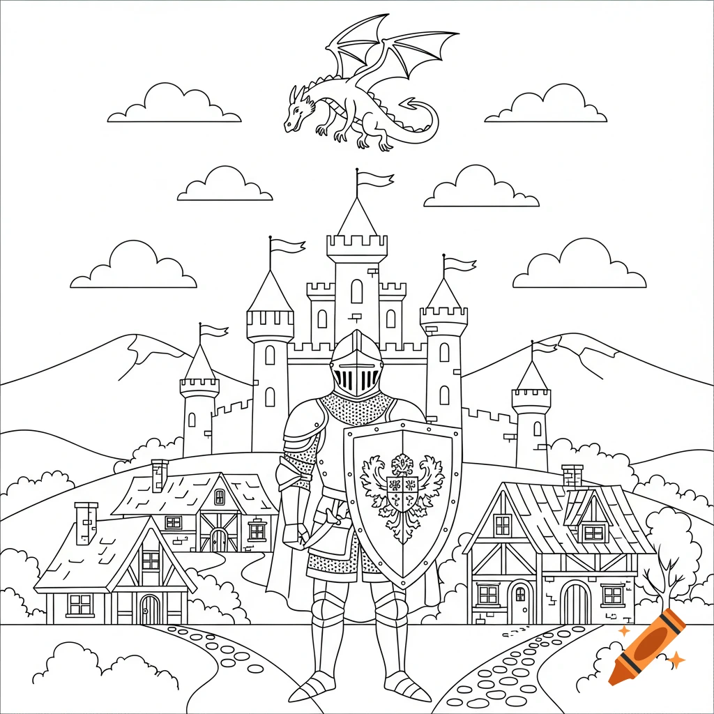 Black and white line drawing of a knight with a shield in front of a medieval castle and village, a dragon flying above.