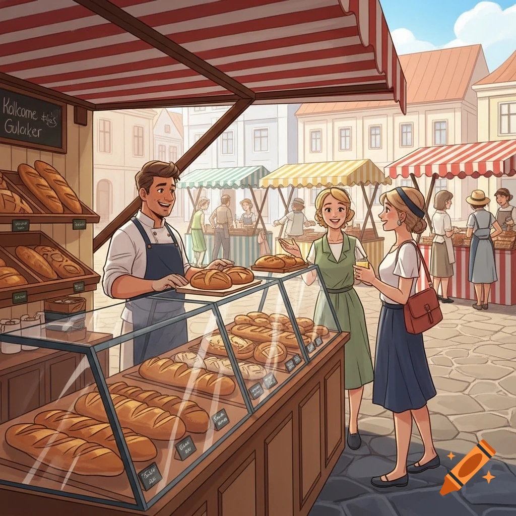 An illustration of a cheerful baker selling fresh bread at a market stall in a town square, talking to two women.