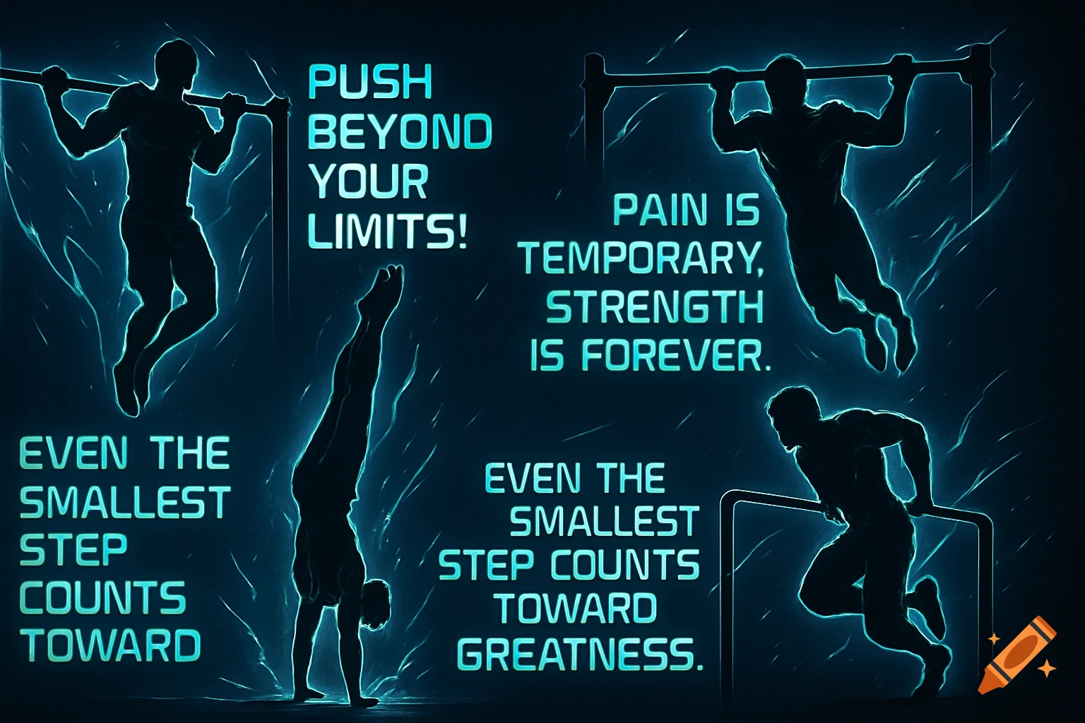 Anime-style silhouettes of people performing calisthenics with glowing neon lines and motivational quotes on a dark background.