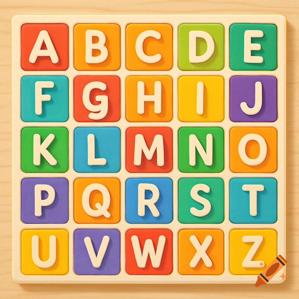 Colorful alphabet board with uppercase letters A-Z on a light wooden surface.