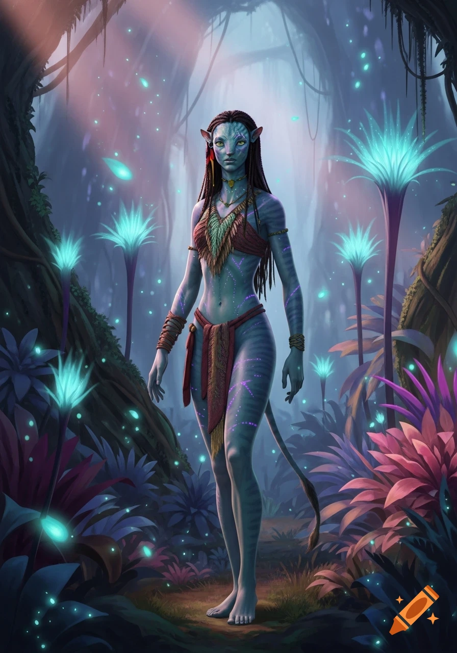 Blue-skinned Na'vi woman with lilac patterns and tribal clothing stands in a glowing bioluminescent jungle.