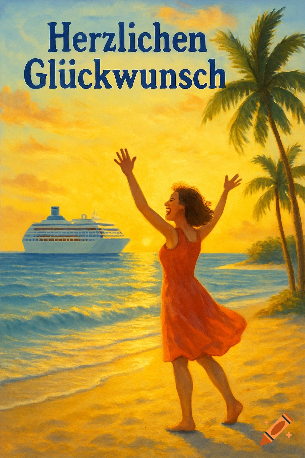 A woman in a red dress waves happily on a sunny beach with a cruise ship and palm trees, text 'Herzlichen Glückwunsch'.