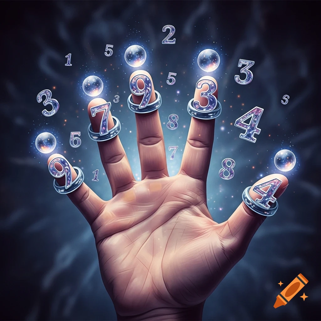 Magic Ring With Numbers A stylized hand with numbered rings and floating glowing numbers, set ...