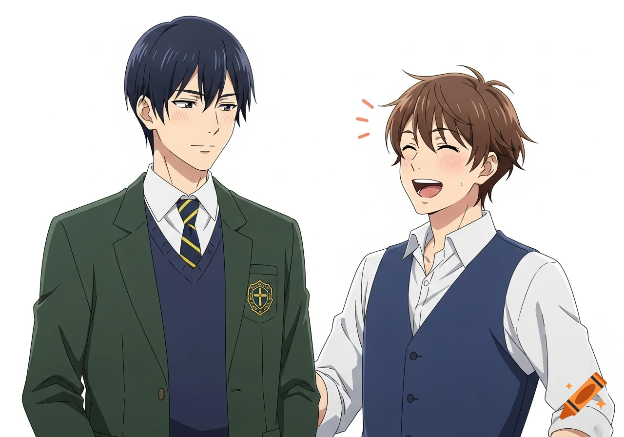 Two smiling anime young men, one in a school uniform blazer and the other in a white shirt and blue vest, against a white background.