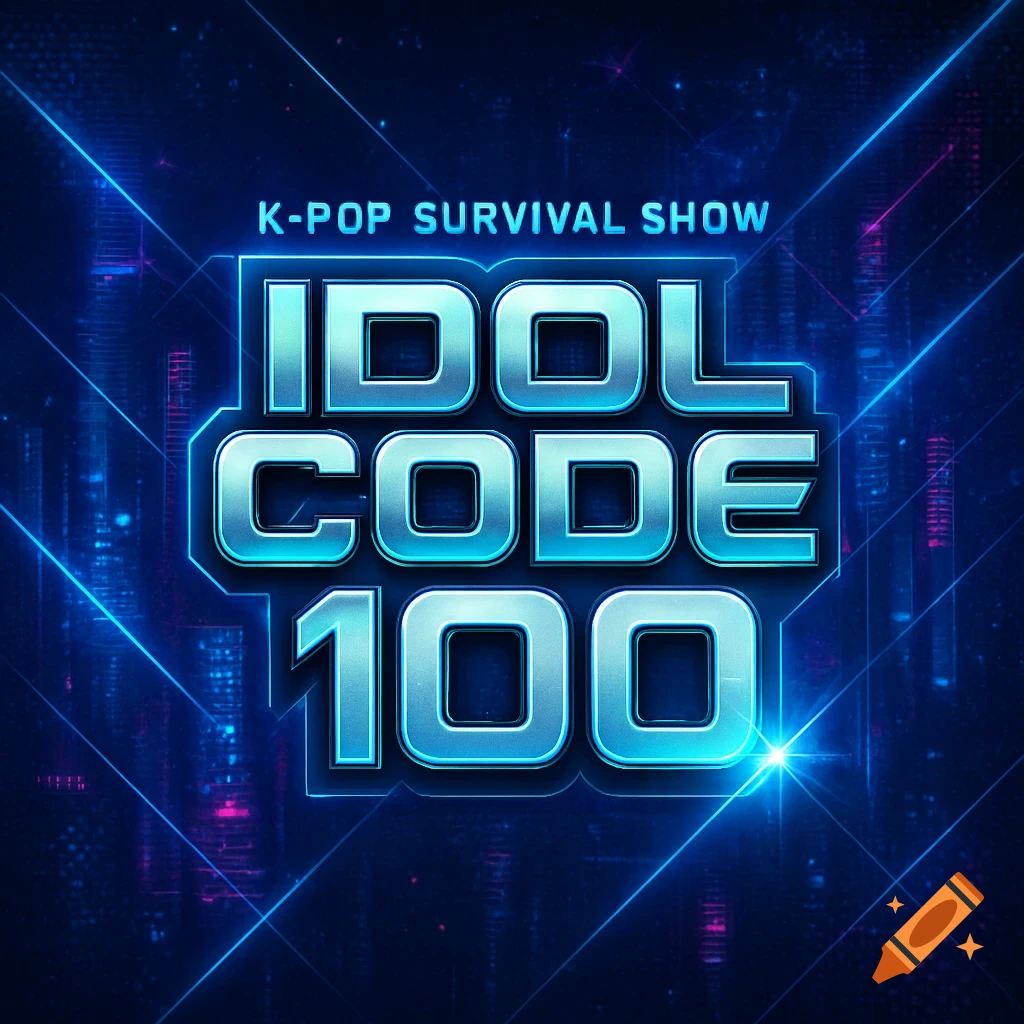 A K-POP SURVIVAL SHOW IDOL CODE 100 logo with metallic blue text outlined in neon blue, set against a dark, futuristic background with blue and purple light beams.