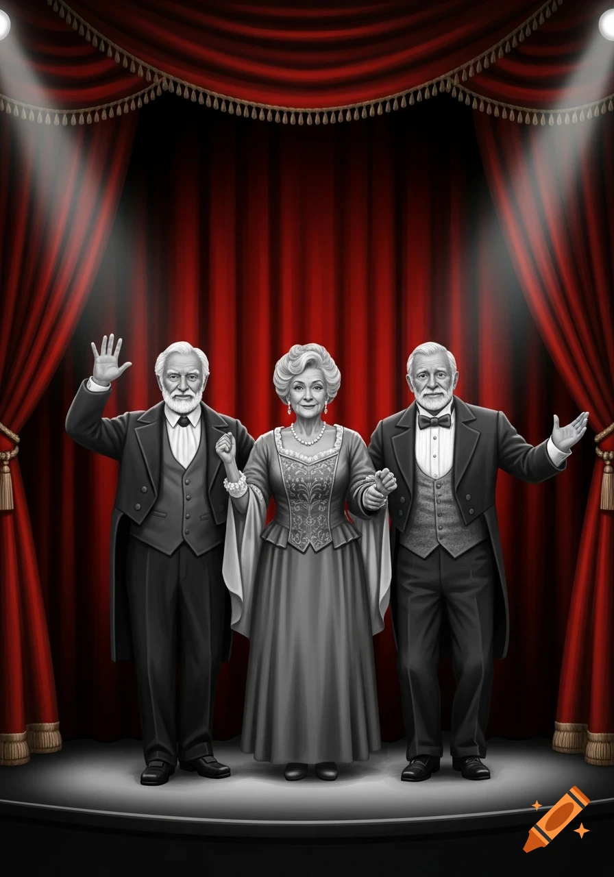 Three elderly performers, two men in tuxedos and one woman in a dress, stand on a stage with red curtains in a grayscale illustration.