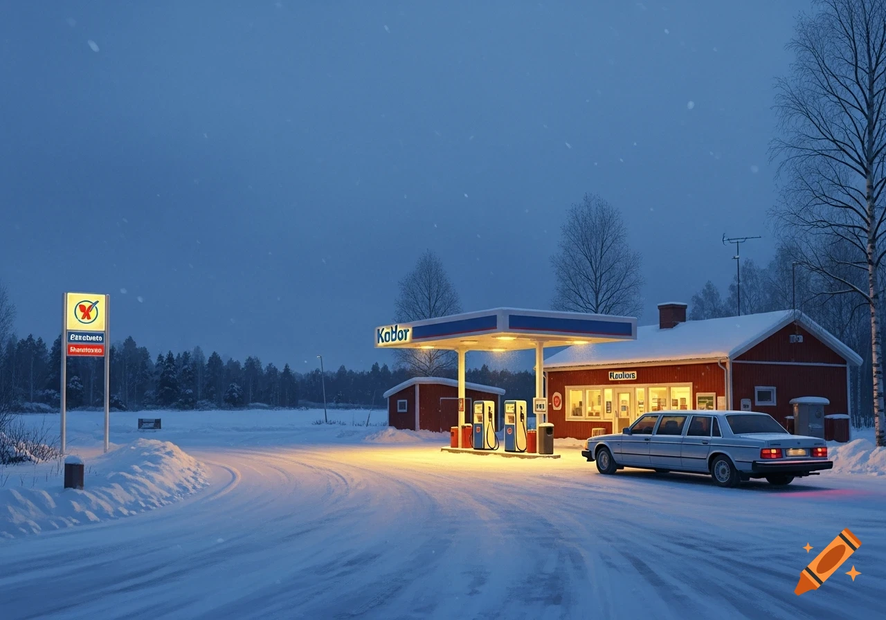 Photorealistic image of a snowy rural gas station with a silver sedan parked at dusk in winter, illuminated.