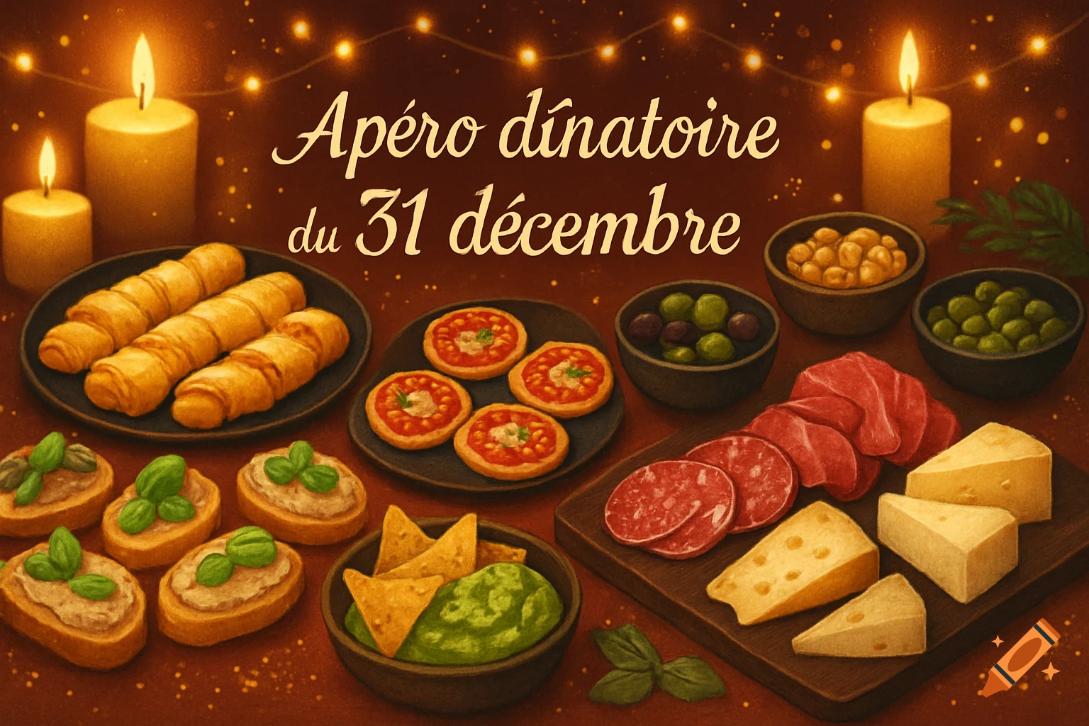 Festive illustration of a New Year's Eve appetizer spread with mini pizzas, charcuterie, cheese, olives, guacamole, and lit candles.