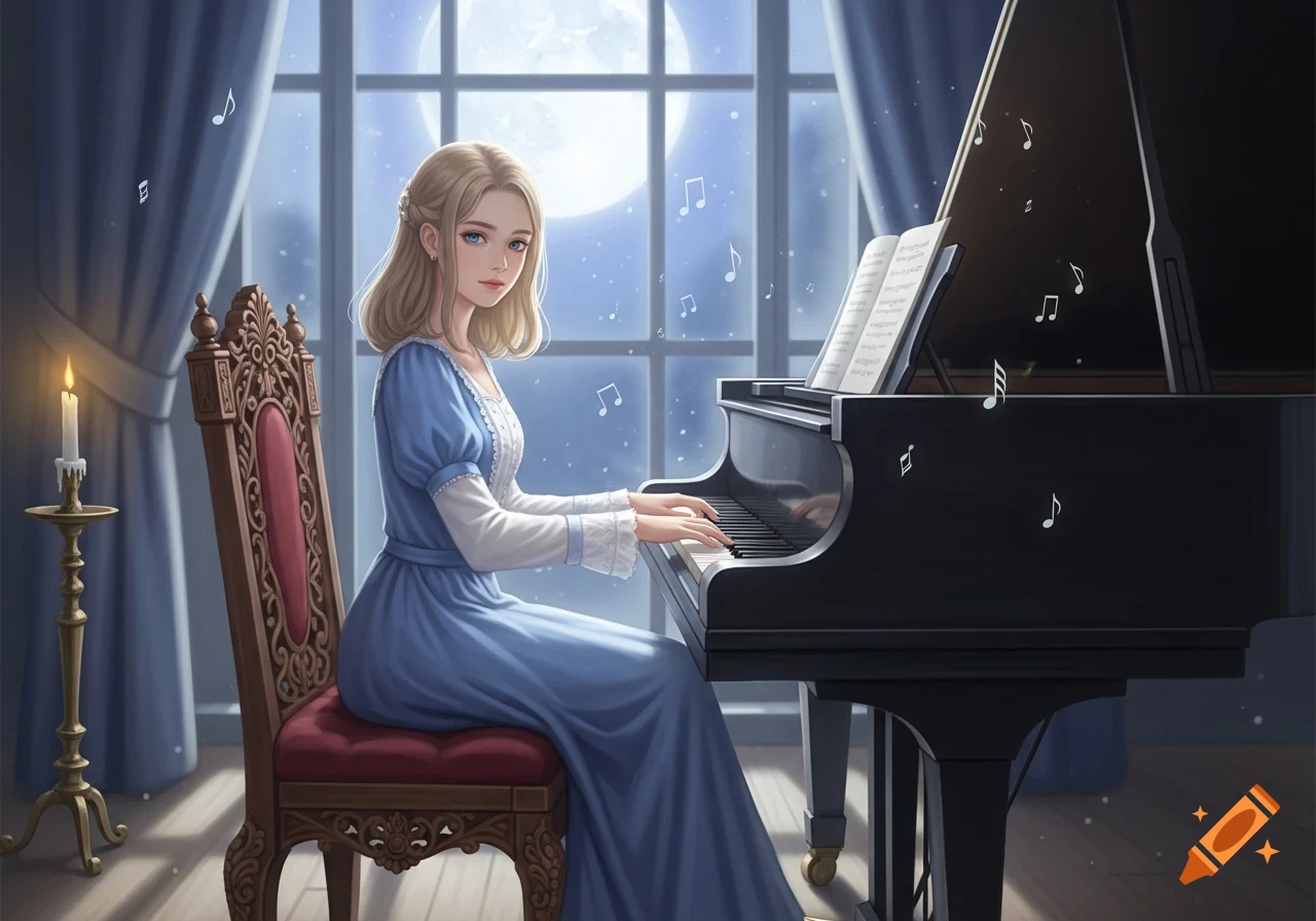 A blonde woman in a blue dress plays a grand piano by moonlight, with musical notes floating around, in a digital painting style.