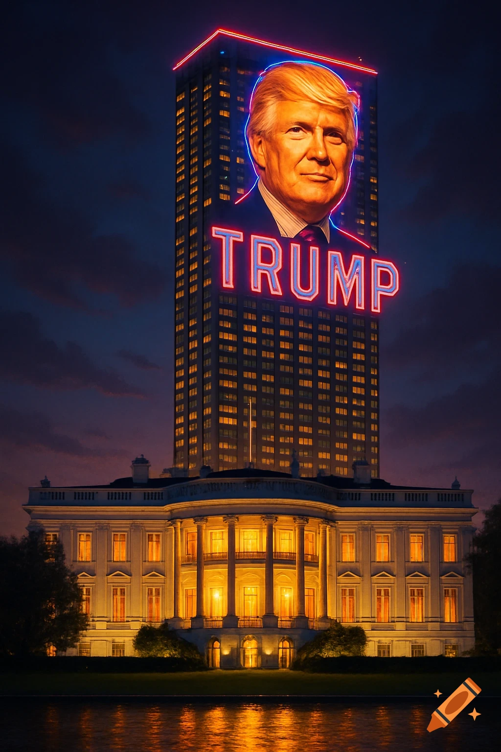 The White House with a towering skyscraper above it, featuring a neon sign of Donald Trump's face and name at night.