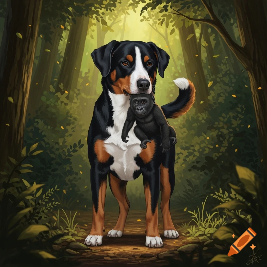 Appenzeller Sennenhund packt winzigen Gorilla im Nacken